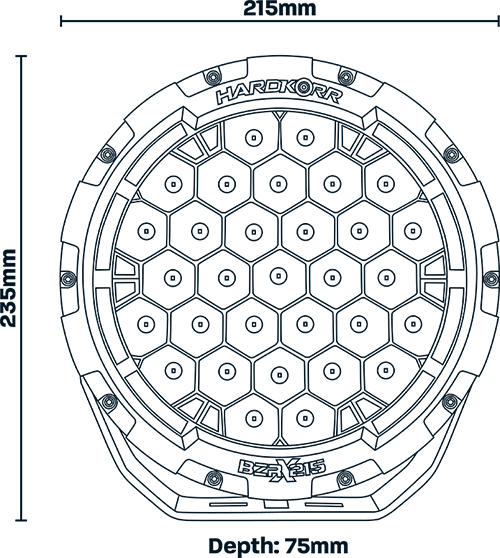 The Hardkorr HKBZRX215 driving lights measure 215mm wide by 235mm high by 75mm deep