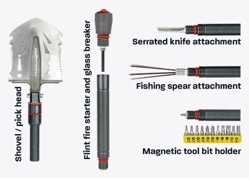 Our multi-tool shovel contains 15 pieces